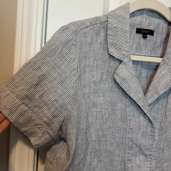 100% European Linen Short Sleeve Shirt blue stripe - Picture 4 of 7